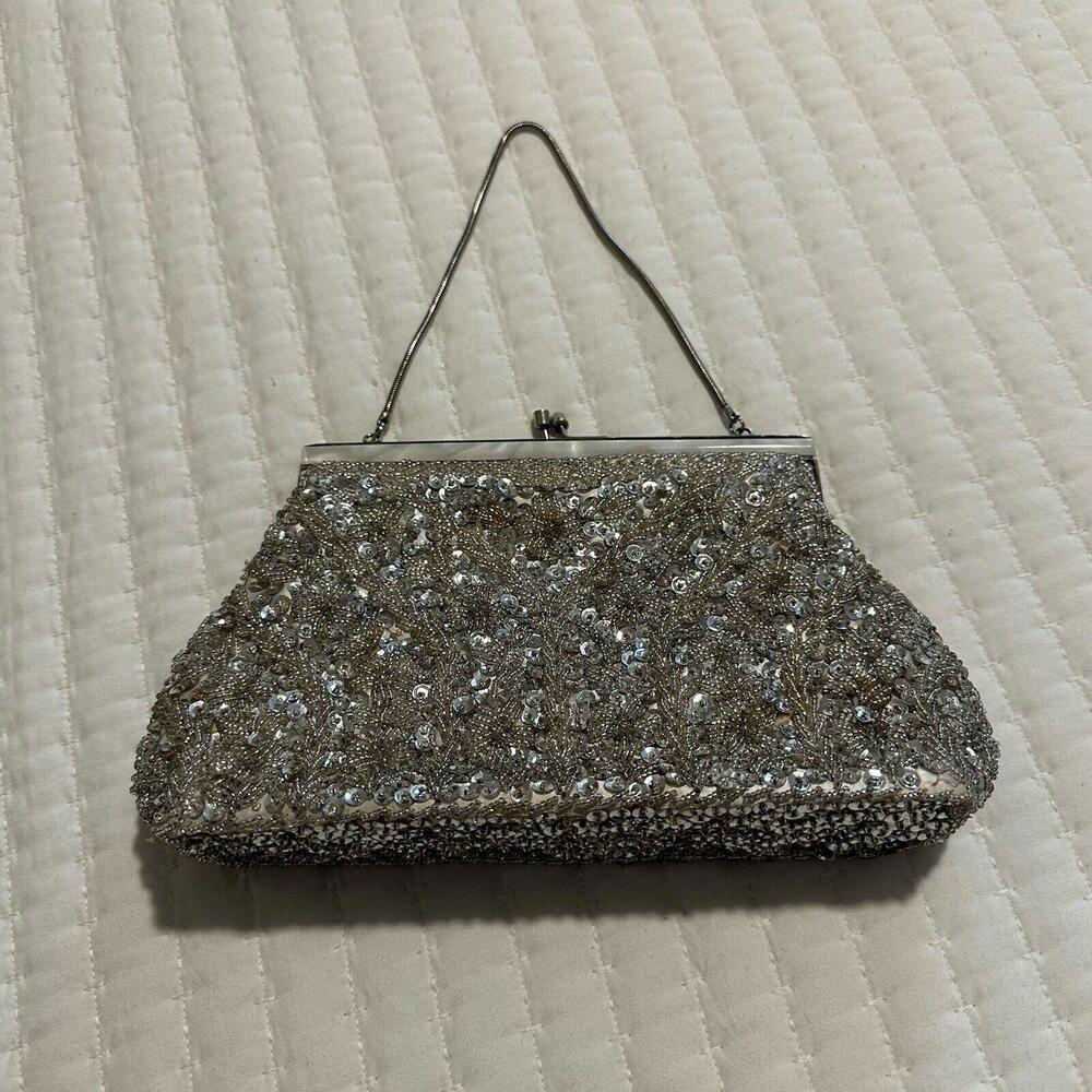 Women’s Beaded Bead Sequin Hand Bag Evening Purse Silver Tone - Needs TLC